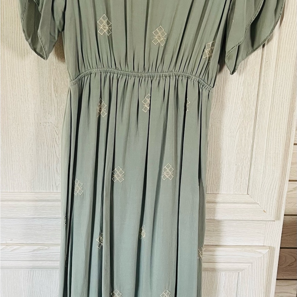 Polagram Green Pleated Sundress with Puff Sleeves